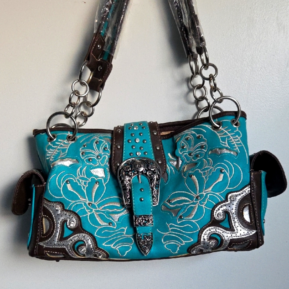 Western Rhinestone Turquoise Brown Conceal Carry Buckle Floral Women's Handbag - Picture 15 of 16
